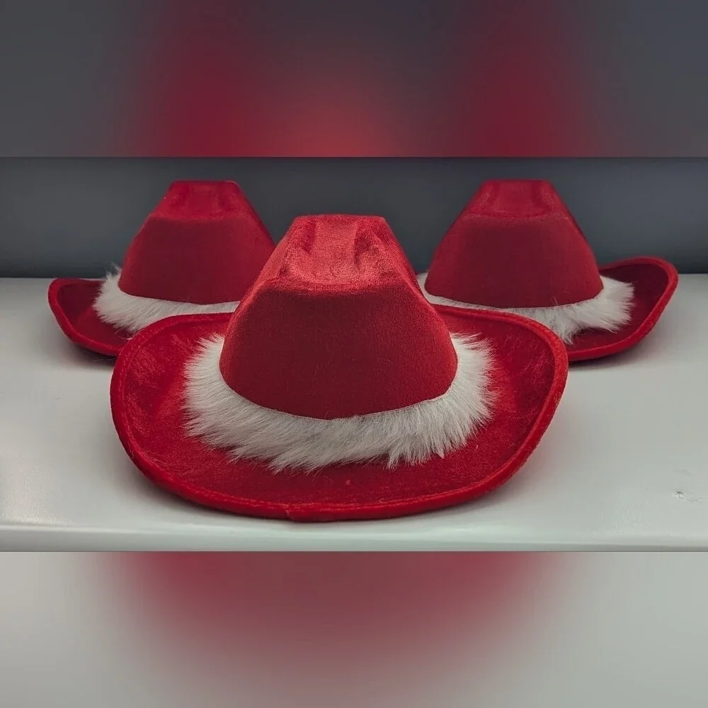 NWT Red Cowboy Hat with White Faux-Fur Trim